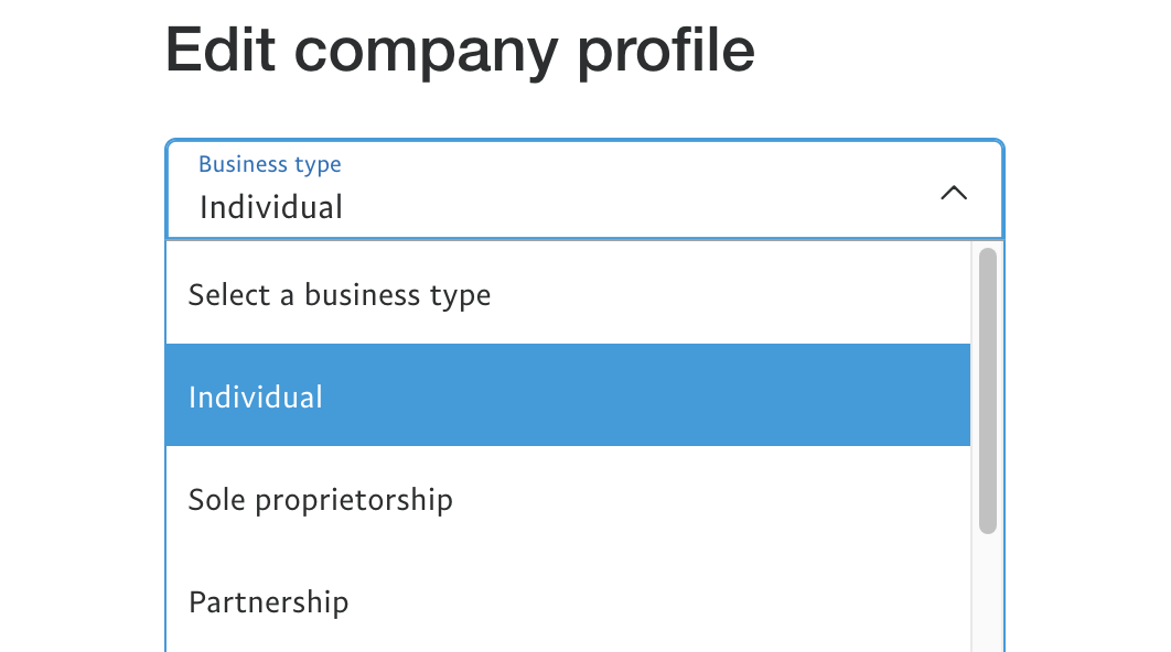 PayPal's business type settings