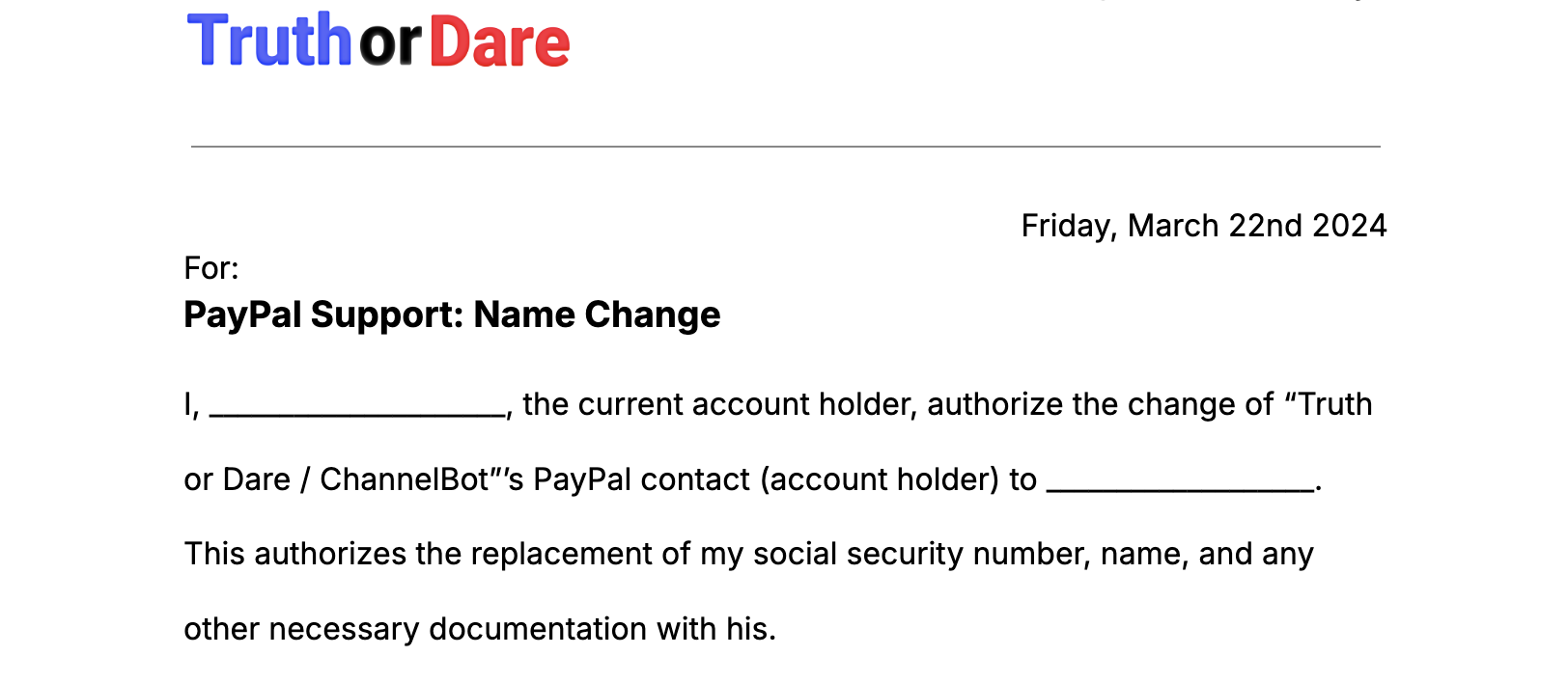 An image of the agreement used to change the company's contact name.