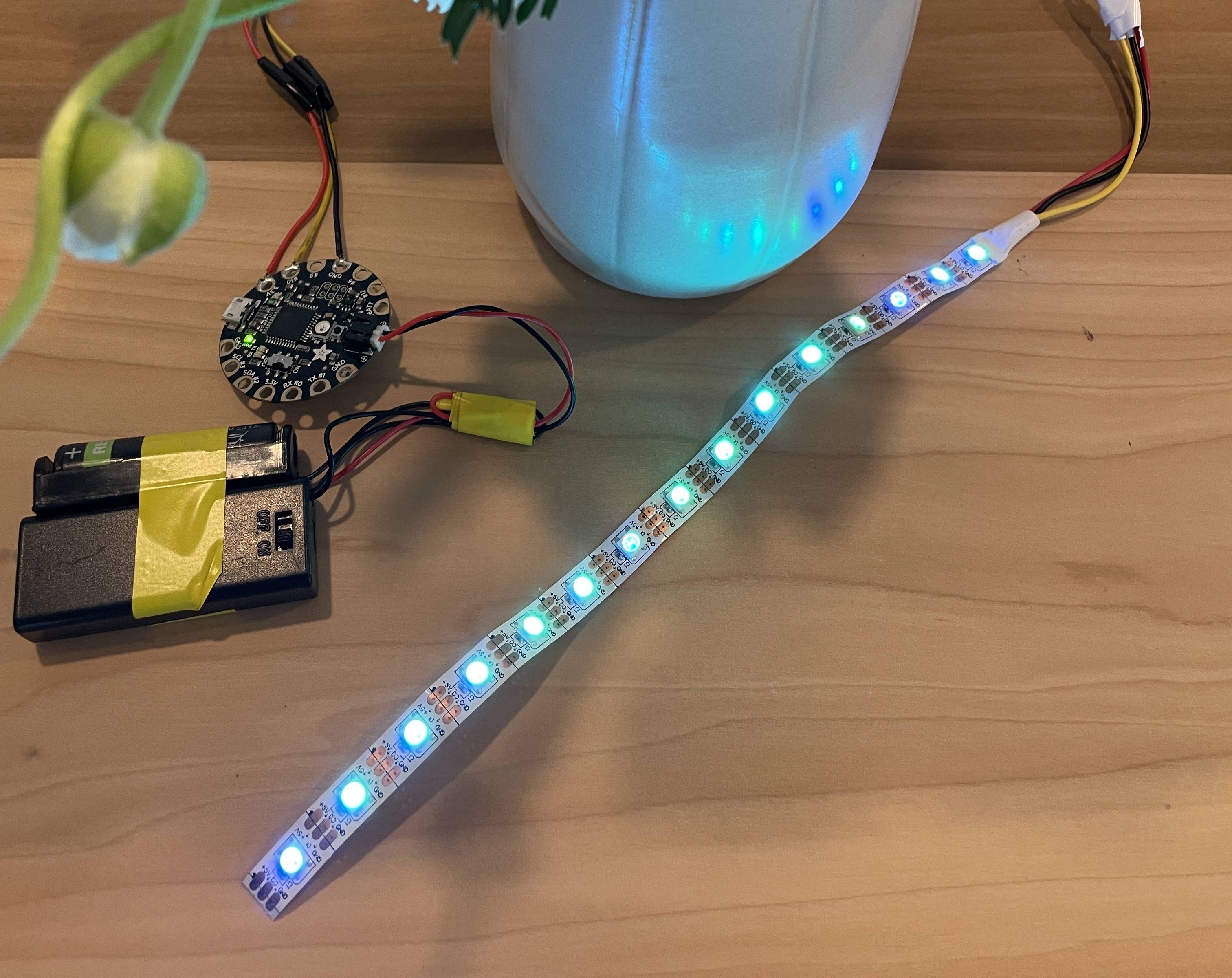 Neopixel strip displaying green and blue colors