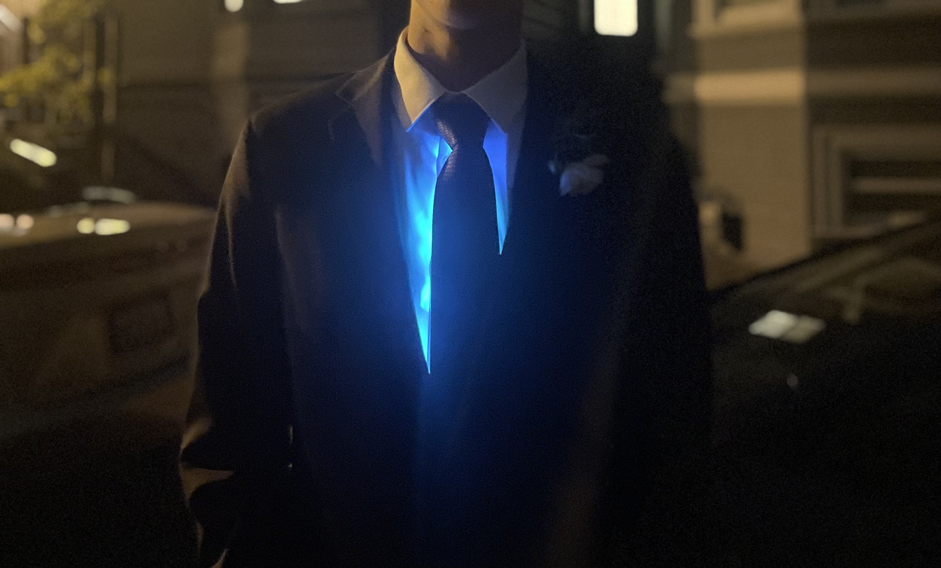 Glowing prom outfit outside, front view