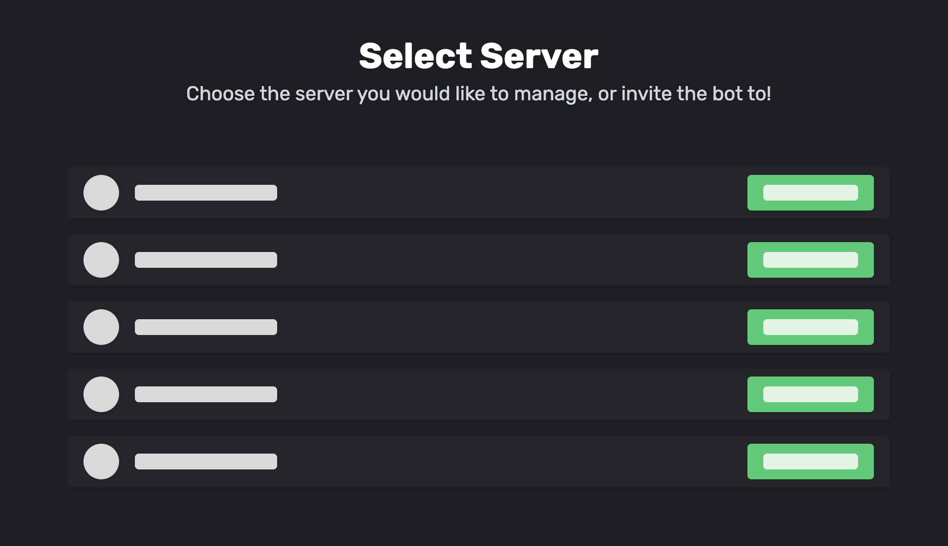 Select server page of ChannelBot's dashboard