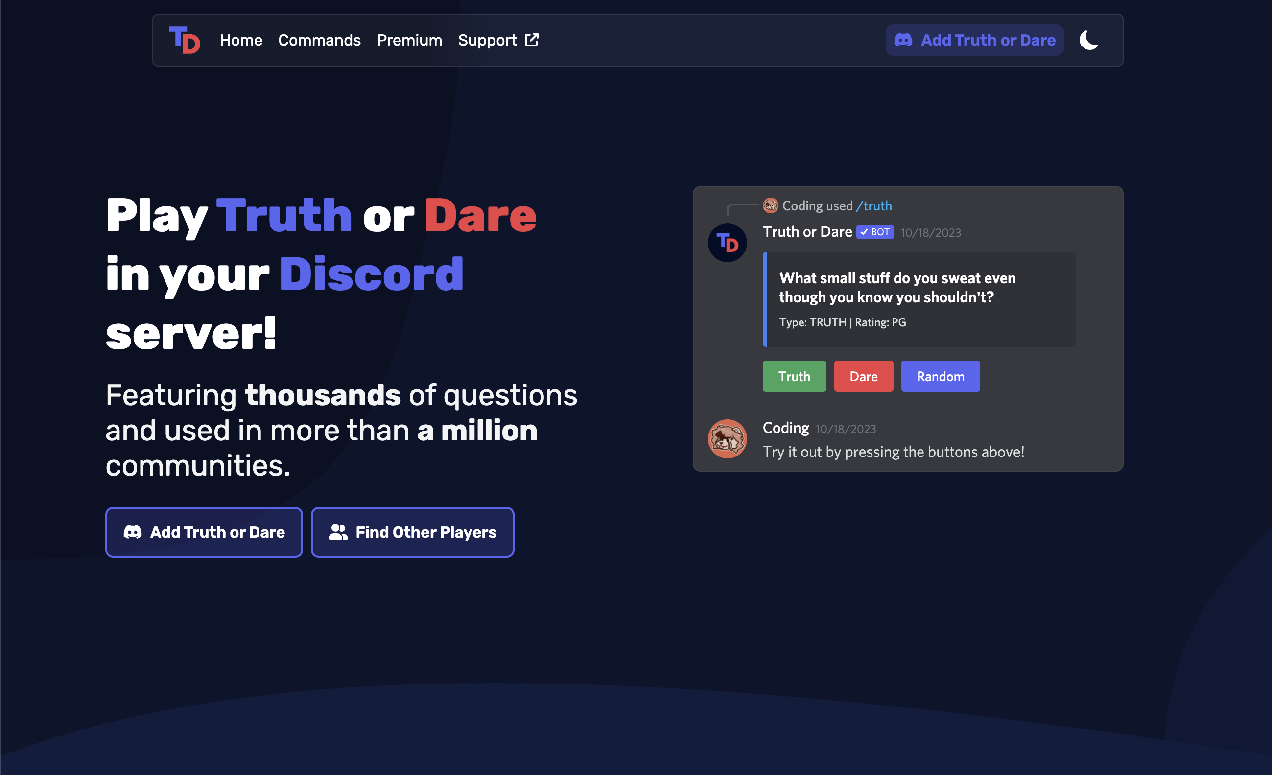 Screenshot of the Truth or Dare bot website